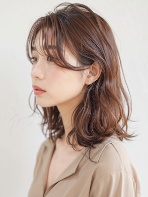 ゆるふわかき上げ前髪くびレイヤーこなれミディp1　