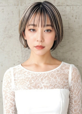 ハイトーンカラー耳かけミニボブショートp1　シャギーカット