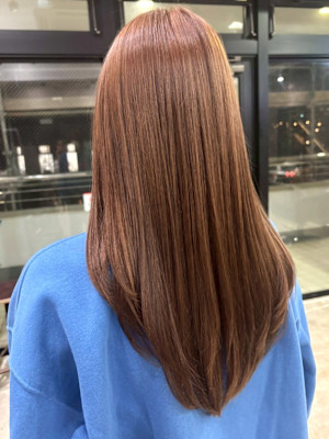 ピンクベージュ ロングレイヤー 髪質改善カラー ダメージレス