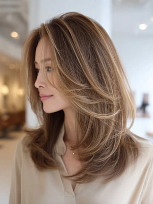 白髪ぼかしハイライト/上品レイヤー/艶カラー/大人ミディ