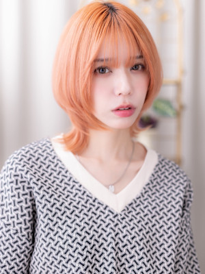 アプリコットオレンジ小顔ハイレイヤーウルフ　ハッシュボブ