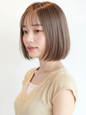 ツヤ髪パールベージュ小顔切りっぱなしボブp1ウォームベージュ