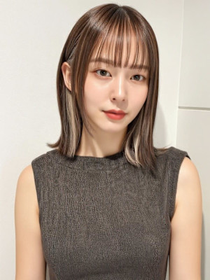 フェイスフレーミング切りっぱなしミディアムp1　顔周りカット