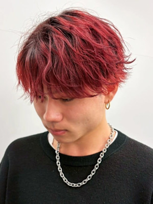 ニュアンスパーマ ブリーチ レッドカラー ツーブロック