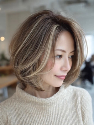 白髪ぼかしハイライト/くびれボブ/大人ショート/立体カラー