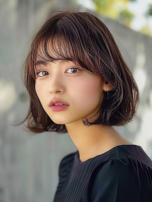 黒髪/ボブルフ/ネビージュ/小顔/ワンレン／カット／髪質改善