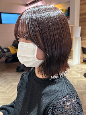 髪質改善20代30代 暗髪ピンクブラウン 大人くびれボブ 