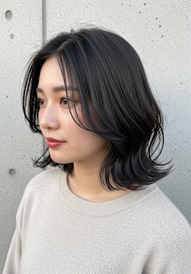 耳かけボブ、バタフライレイヤー、韓国巻き、ダークグレーカラー