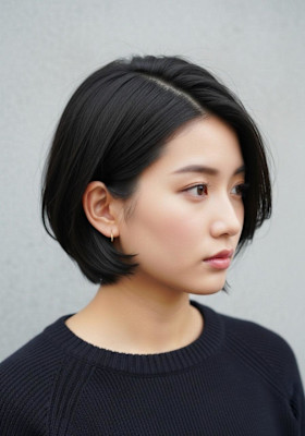 耳かけショートボブ/バタフライレイヤー/韓国巻きブラックヘア
