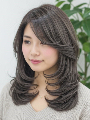 ミディアムレイヤー、ミルクティーブラウン、韓国巻き、