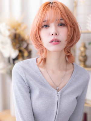 ハッシュカットコーラルピンク小顔シャギーウルフシャギーカット