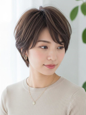 ショートボブ/ココアブラウン/バタフライレイヤー/韓国巻き