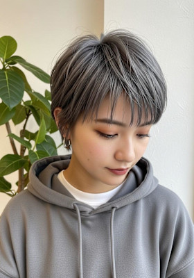 ハッシュカットショート、ダークシルバー、大人ストリート系ボブ