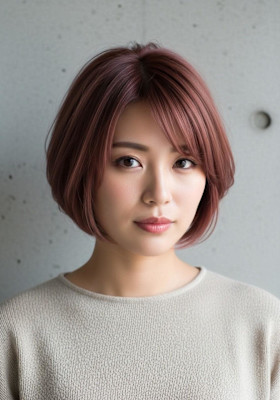 顔周りカットボブ、ワンホンレイヤー、ローズブラウン、かわいい