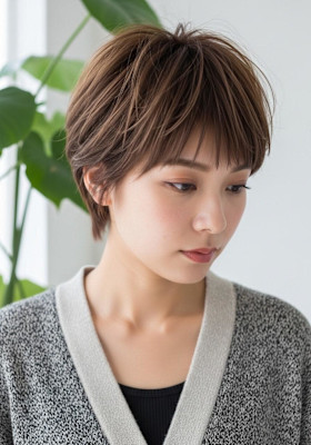 シャギーカットショート、エンドカラー、スモーキーカラー