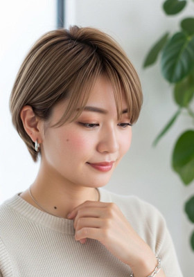  ショートカット/ウォームベージュ/かわいい/耳がけショート