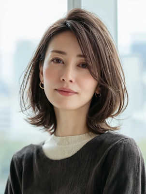 くびれミディアム/外ハネミディ/透明感カラー/艶ブラウン