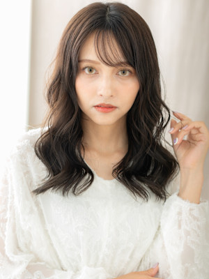 黒髪アッシュドライパーマ小顔波巻きエアリーロング30代40代