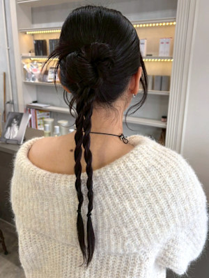 ヘアセット アップスタイル ロープ編み お団子 カチモリ