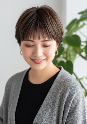 シャギーショート、スモーキーブラウン、かわいい、耳かけボブ