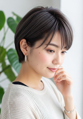 ハッシュボブ、ダークグレージュ、耳がけ、大人かわいい