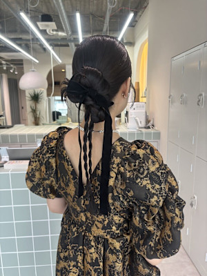 結婚式お呼ばれヘアセット/カチモリ/編みおろし/リボン