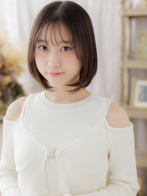 透けバング前下がり切りっぱなし黒髪ミニボブ　ミルクブラウンb