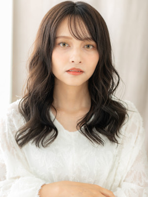 黒髪アッシュドライパーマ小顔波巻きエアリーロング30代40代