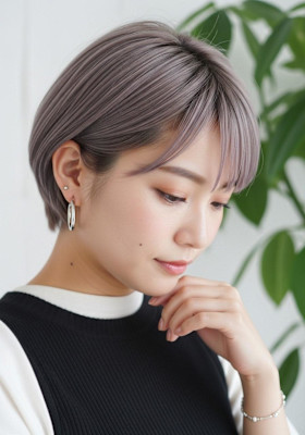 ハッシュボブ/ラベンダーグレー/かわいい/耳かけボブショート