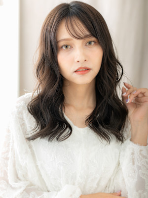 黒髪アッシュドライパーマ小顔波巻きエアリーロング30代40代