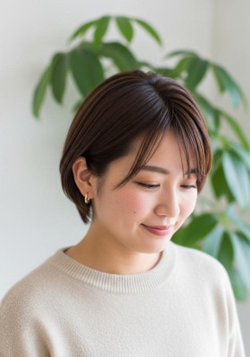 ナチュラルショートボブ/モカブラウン/かわいい/耳かけボブ　