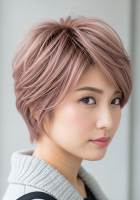 シャギーショート/ピンクミルクティーベージュ/ボーイッシュ