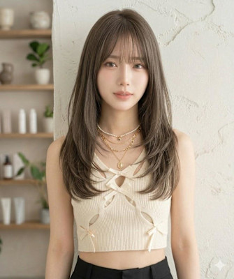 韓国風レイヤーカット透明感グレージュで魅せ大人可愛いセミディ