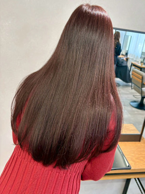 チェリーレッド艶カラーロング＊美髪ストレート暖色カラー