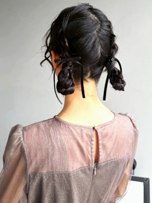 ツインお団子 リボン アップスタイル ヘアセット 結婚式
