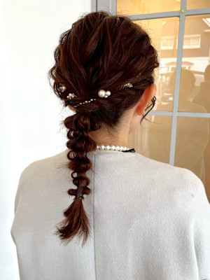編み下ろしヘア お呼ばれヘア ヘアアレンジ ブラウンカラー