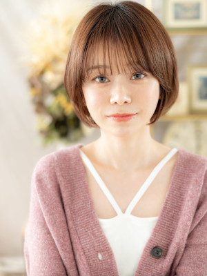 耳かけミルクティーピンク小顔ボブショート　モカブラウン