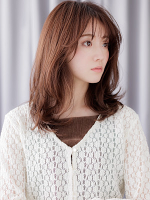 モカブラウンブリーチなし韓国風セミロングレイヤー20代30代