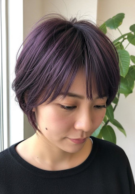 シャギーショート/ダークパープル前髪ありボブ/大人可愛い