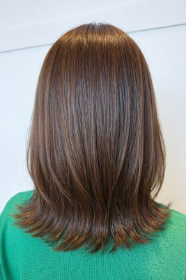 ナチュラルブラウンカラー大人ミディアムレイヤー外ハネ藤枝静岡