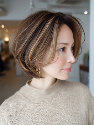 大人ショートボブ/白髪ぼかしハイライト/ベージュカラー