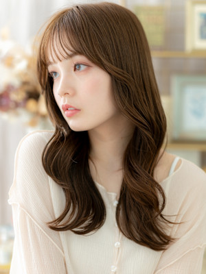大人美人透けバング韓国巻きレイヤーロング　ミルクブラウンb