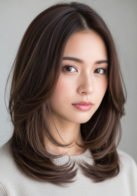 セミロング内はねレイヤー/モカブラウン/顏周りセミロング