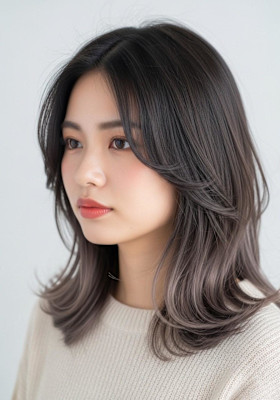 セミロングレイヤー/ダークアッシュ/ミルクブラウン/外はね