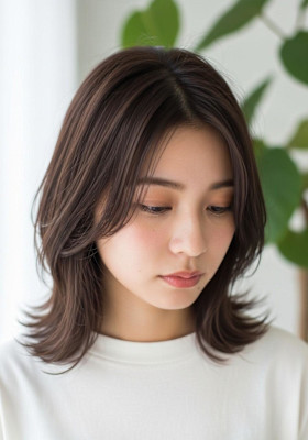 ミディアムハッシュカット/ローライトカラー/大人外はね可愛い