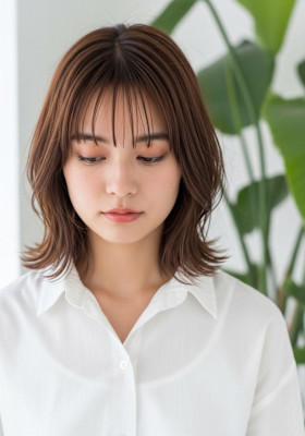 くびれミディアム/ローライトカラー/外はねボブ/かわいい