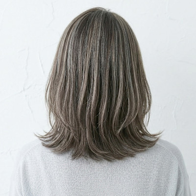 【40代上品】白髪ぼかしハイライト＆かき上げ外ハネロブ