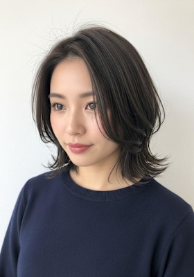 レイヤーボブ/ダークアッシュベース/外はね可愛いボブ/耳かけ