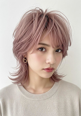 シャギーウルフ/ピンクミルクティーベージュ/大人可愛いカット