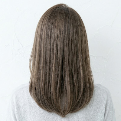 40代上品グレージュミディアム。白髪も馴染む外ハネ